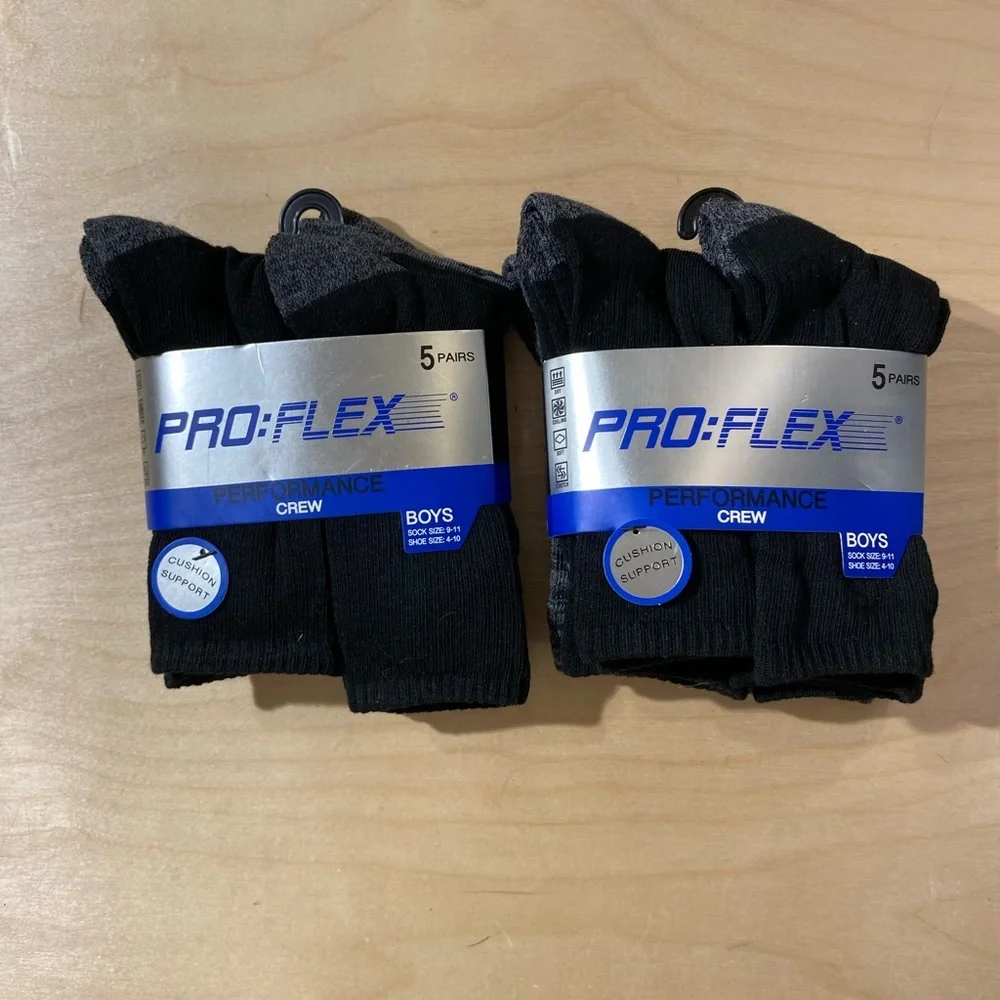 2 Pro:Flex Black Crew Socks for Boys- 5 Pairs sock size 9-11 Shoe Size 4-10 (OC)